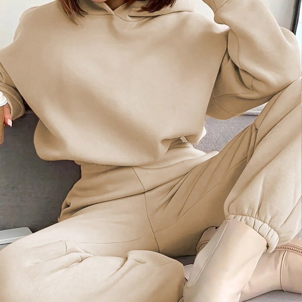 Apricot Casual Women's Hooded Sweatshirt And Sweatpants Tracksuit Set